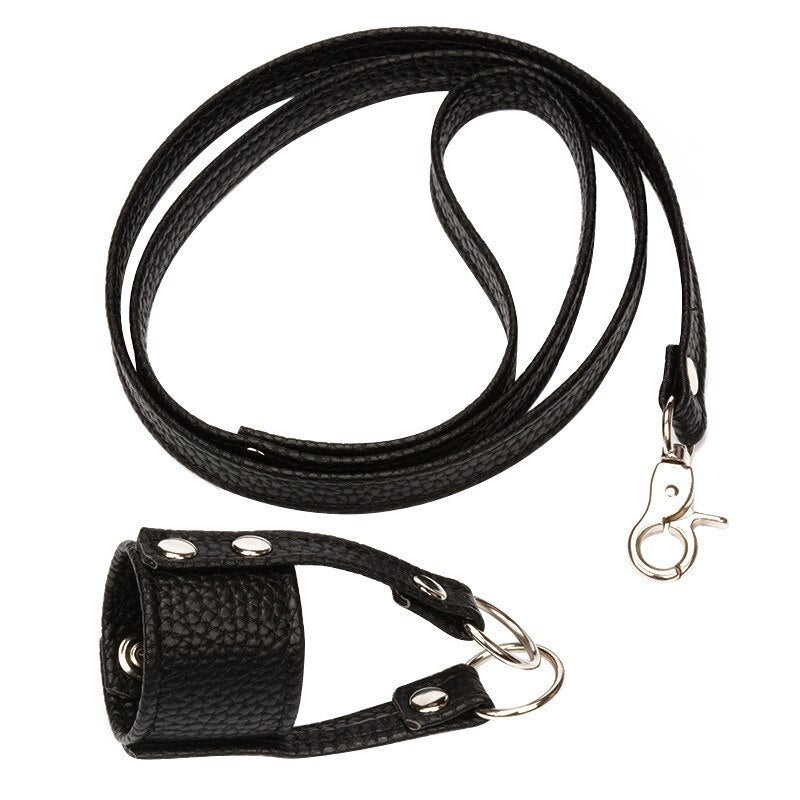 Schwarzes BDSM Halsband aus Kunstleder mit Zugleine für Hoden
