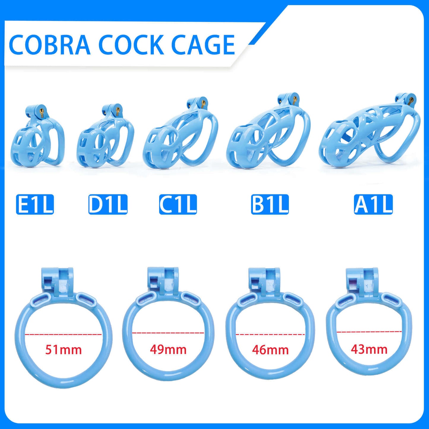 Blaues Mamba Keuschheitskäfig Set (1.77 - 4.13 Zoll) mit 4 Arc Ringen