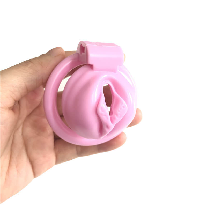 Rosa Keuschheitskäfig mit Pussy-förmigen Ringen in 4 Größen