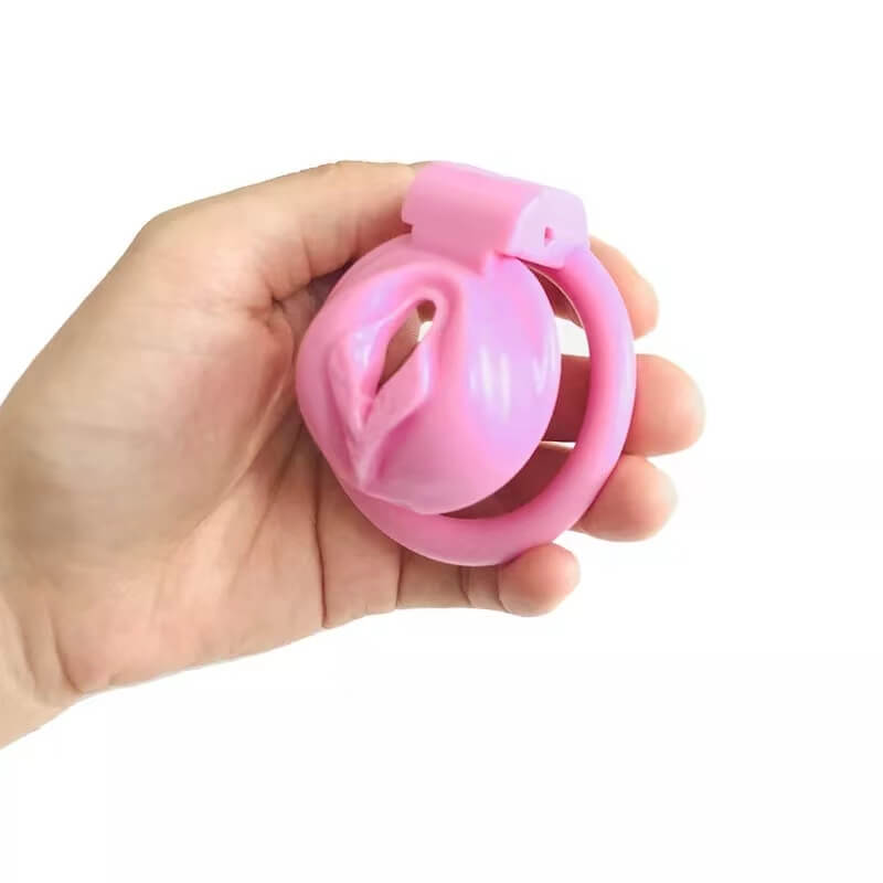 Rosa Keuschheitskäfig mit Pussy-förmigen Ringen in 4 Größen