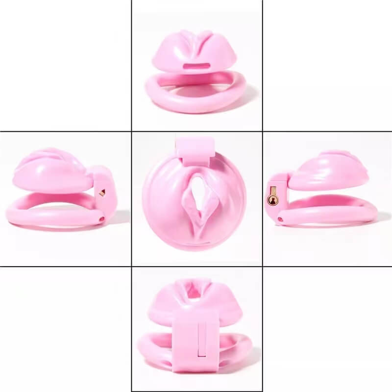 Rosa Keuschheitskäfig mit Pussy-förmigen Ringen in 4 Größen